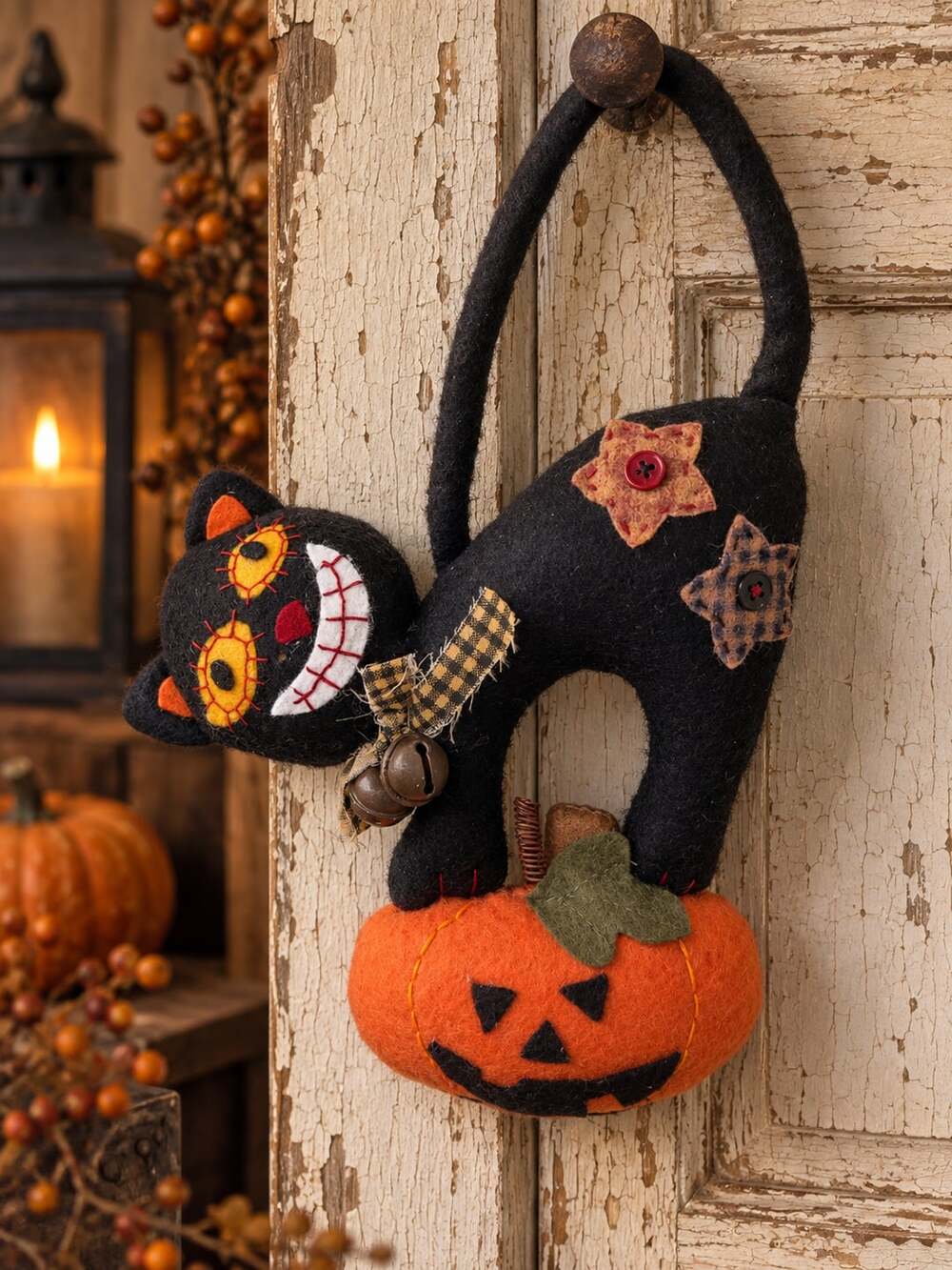 Primitive Halloween Black Cat Pumpkin Wall Door Hanger Handmade Folk Art Vtg